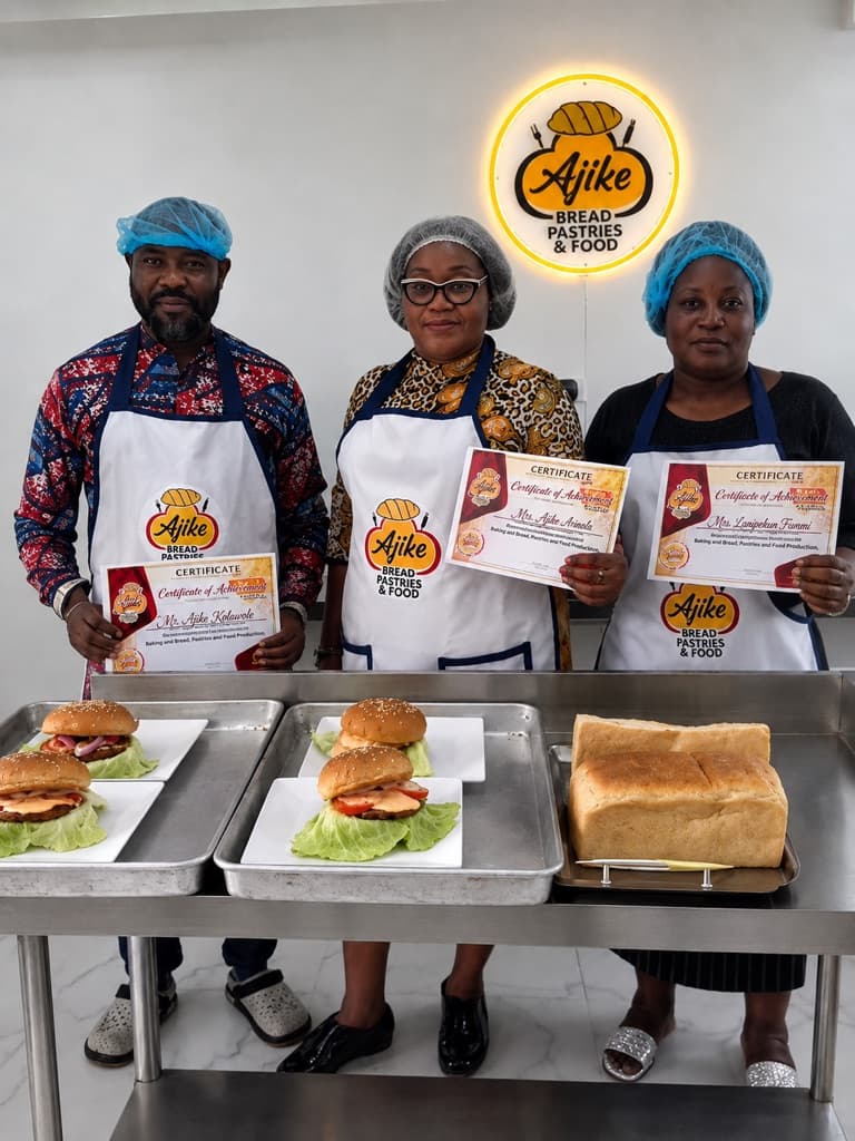 Graduates holding their Ajike Bread, Pastries and Food Production certificates
